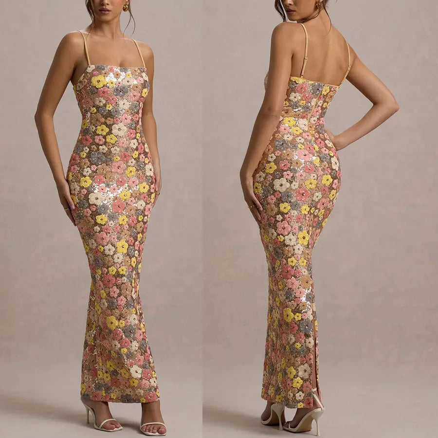 Women's Floral Sequin Strapless Slim Fit Long Dress Sleeveless Bodycon Evening Formal Cocktail Party Date Night Wedding Guest – Aurelia - Lolly 