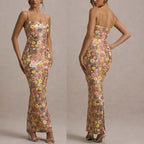 Women's Floral Sequin Strapless Slim Fit Long Dress Sleeveless Bodycon Evening Formal Cocktail Party Date Night Wedding Guest – Aurelia - Lolly 