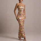 Women's Floral Sequin Strapless Slim Fit Long Dress Sleeveless Bodycon Evening Formal Cocktail Party Date Night Wedding Guest – Aurelia - Lolly 