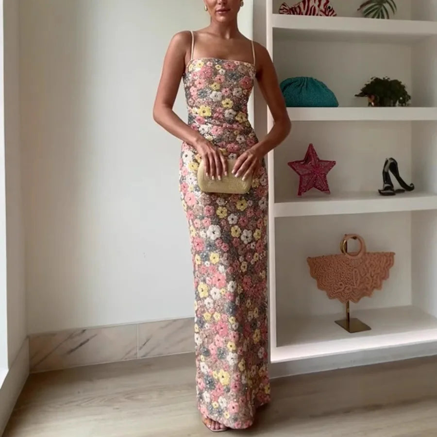 Women's Floral Sequin Strapless Slim Fit Long Dress Sleeveless Bodycon Evening Formal Cocktail Party Date Night Wedding Guest – Aurelia - Lolly 