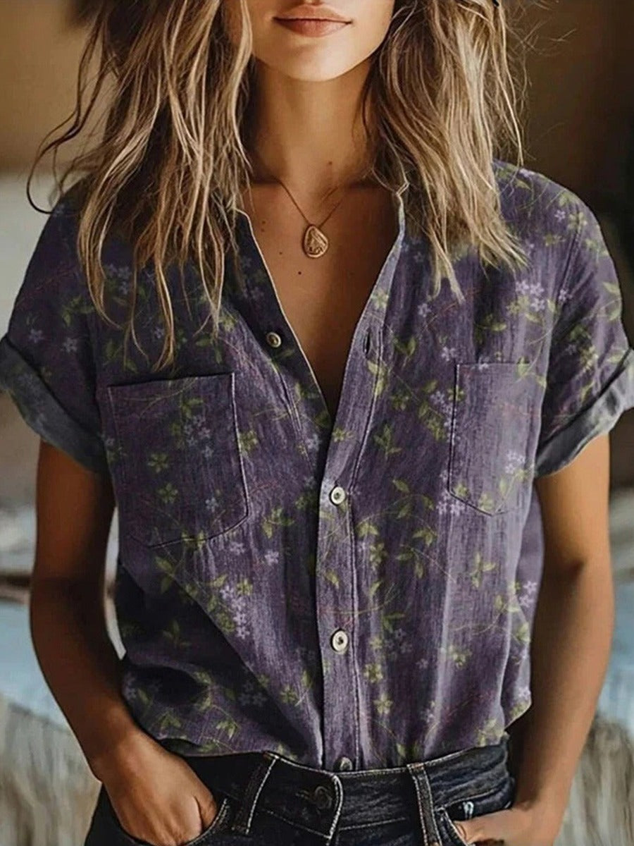Women's Floral Vintage Lapel Blouse Short Sleeve Relaxed Fit Casual Semi-Formal – Purple - Lolly 