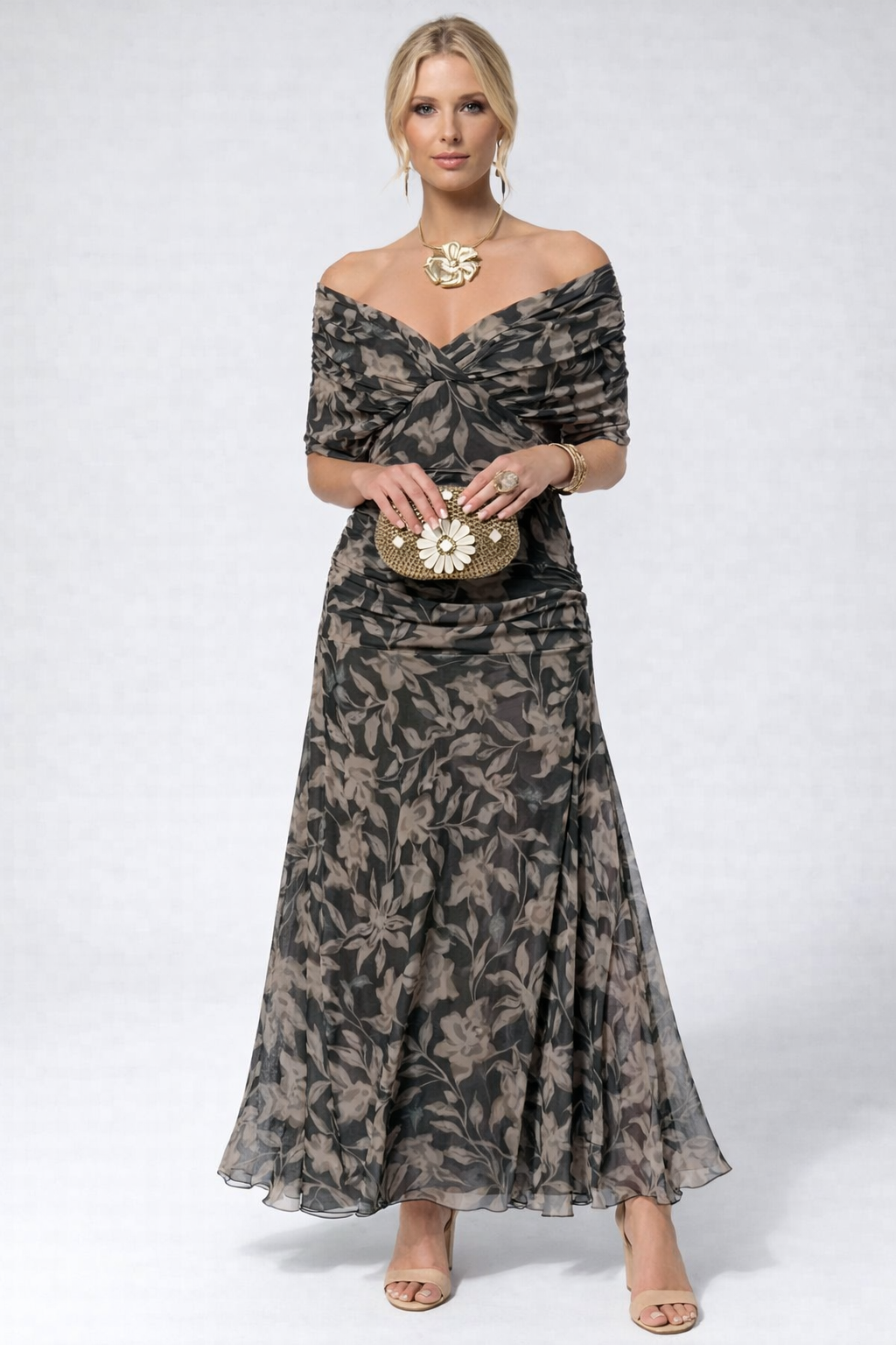 Women's Flowing Floral Long Dress Off-Shoulder V-Neck Formal Elegant Wedding Guest Casual – Lilly - Lolly 