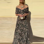 Women's Flowing Floral Long Dress Off-Shoulder V-Neck Formal Elegant Wedding Guest Casual – Lilly - Lolly 