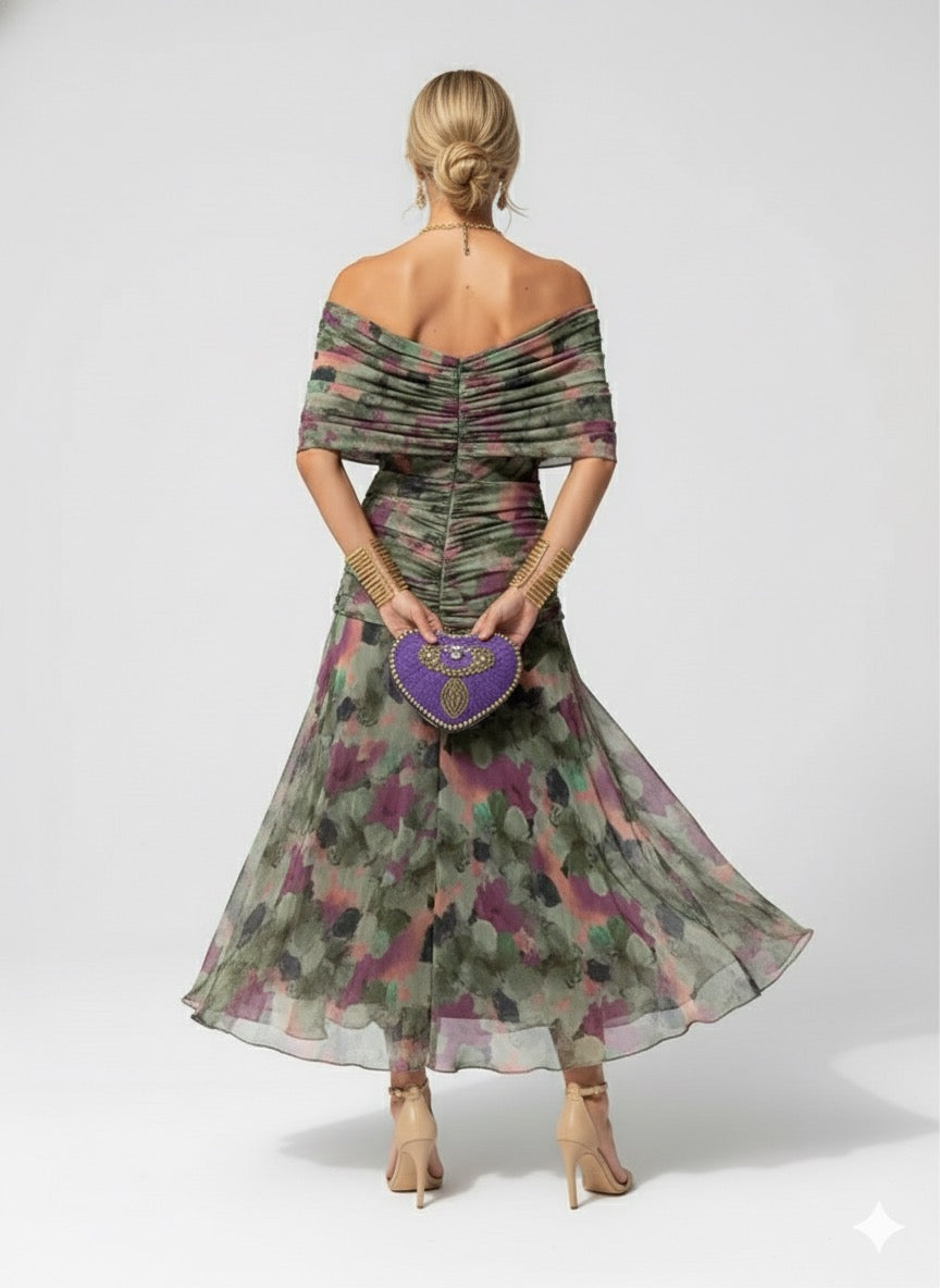 Women's Flowing Floral Long Dress Off-Shoulder V-Neck Formal Elegant Wedding Guest Casual – Lilly - Lolly 