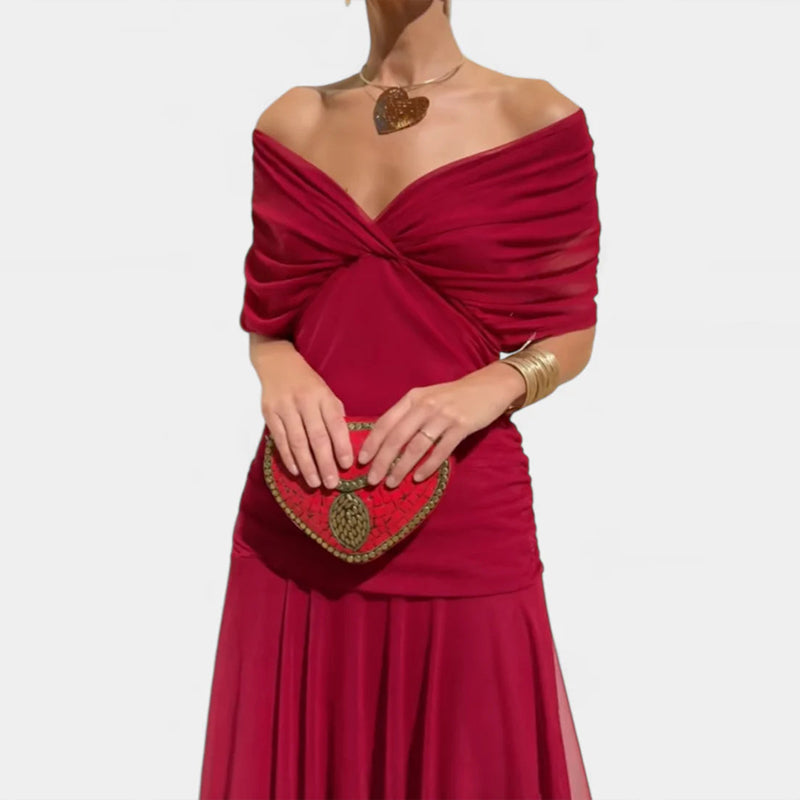 Women's Flowing Floral Long Dress Off-Shoulder V-Neck Formal Elegant Wedding Guest Casual – Lilly - Lolly 