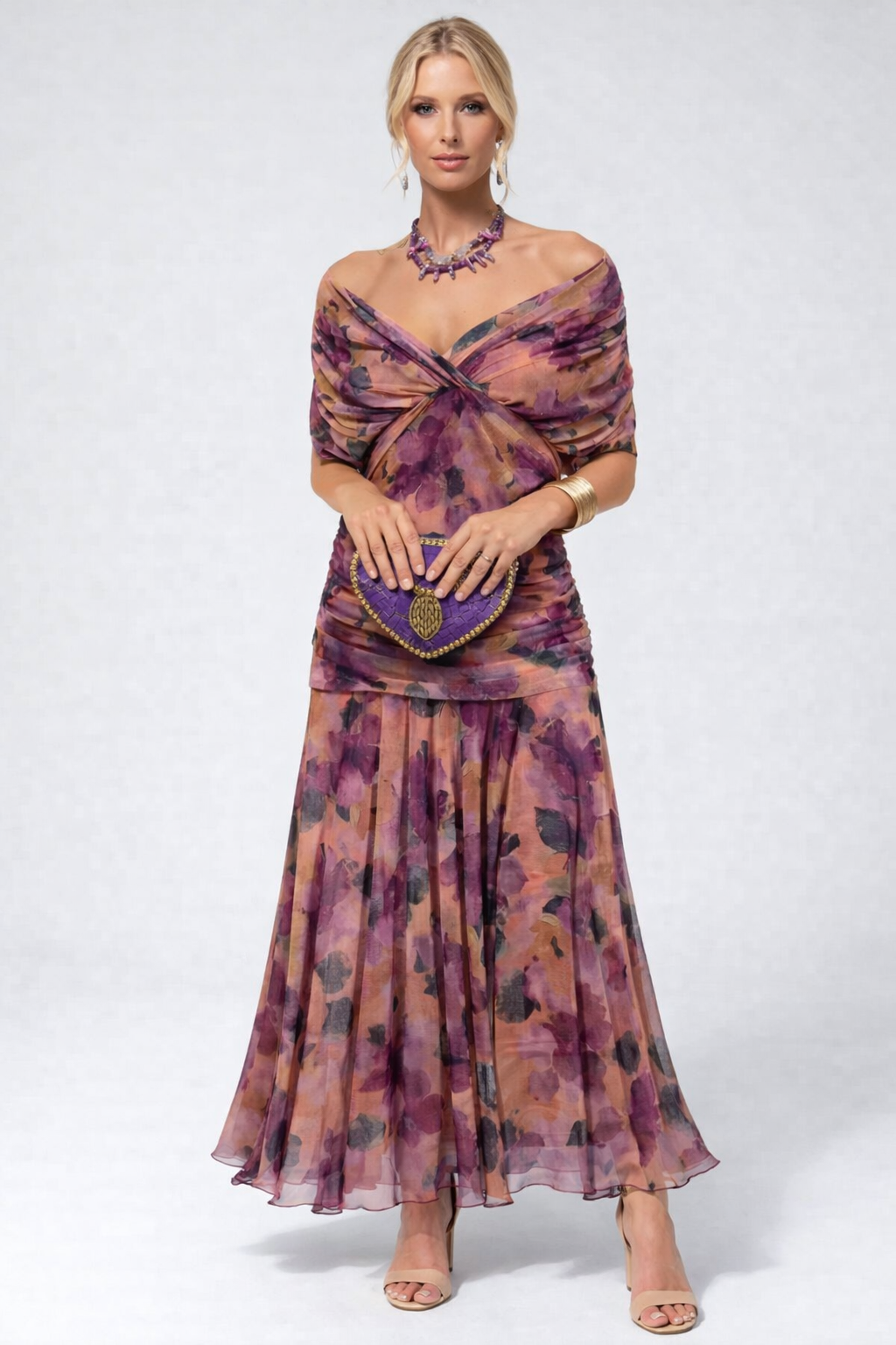 Women's Flowing Floral Long Dress Off-Shoulder V-Neck Formal Elegant Wedding Guest Casual – Lilly - Lolly 
