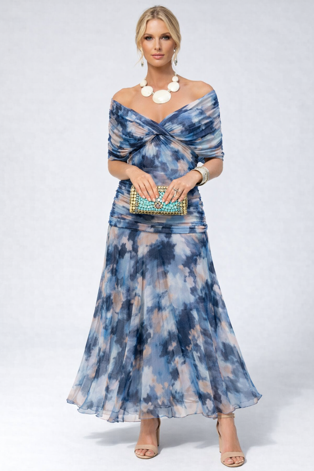 Women's Flowing Floral Long Dress Off-Shoulder V-Neck Formal Elegant Wedding Guest Casual – Lilly - Lolly 