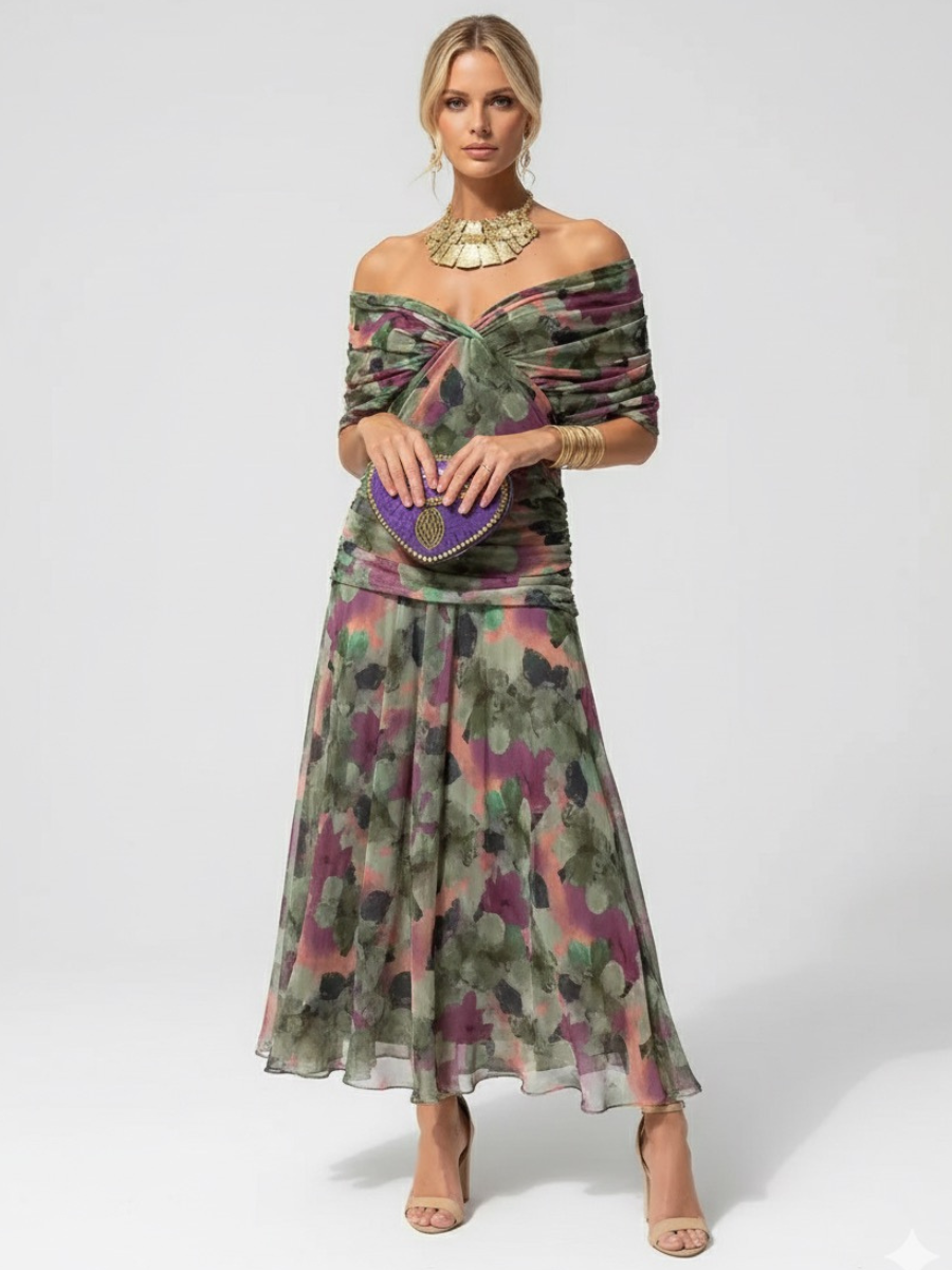 Women's Flowing Floral Long Dress Off-Shoulder V-Neck Formal Elegant Wedding Guest Casual – Lilly - Lolly 