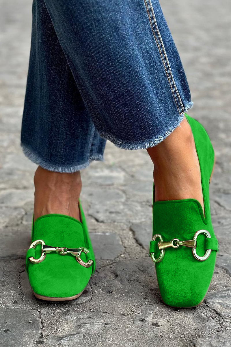 Women's Fluorescent Suede Loafers Gold Metal Horsebit Detail Slip-On Round Toe Cushioned Casual Work Office Street Style Bold Everyday – Vivanta - Lolly 