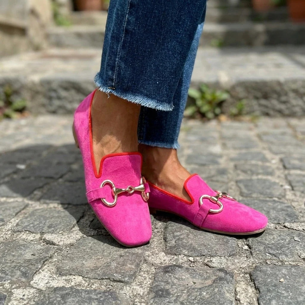 Women's Fluorescent Suede Loafers Gold Metal Horsebit Detail Slip-On Round Toe Cushioned Casual Work Office Street Style Bold Everyday – Vivanta - Lolly 