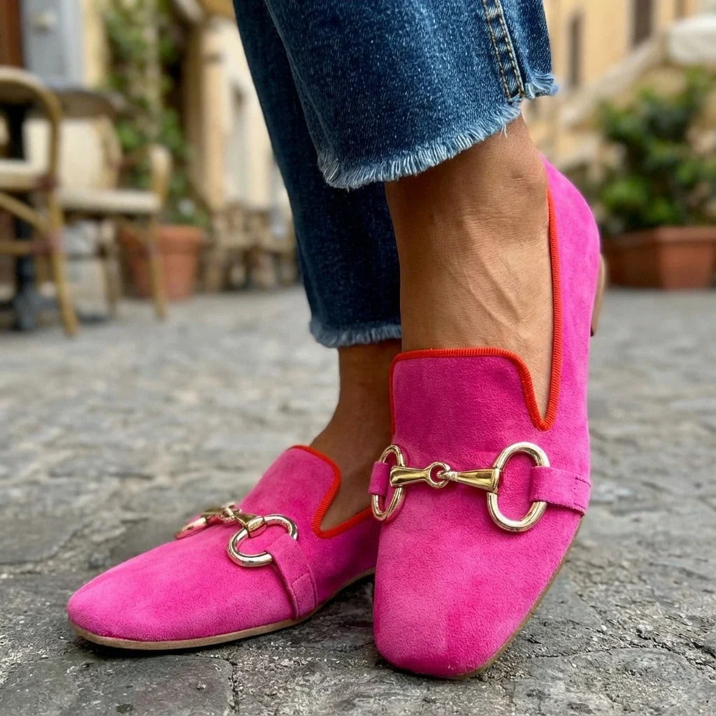 Women's Fluorescent Suede Loafers Gold Metal Horsebit Detail Slip-On Round Toe Cushioned Casual Work Office Street Style Bold Everyday – Vivanta - Lolly 