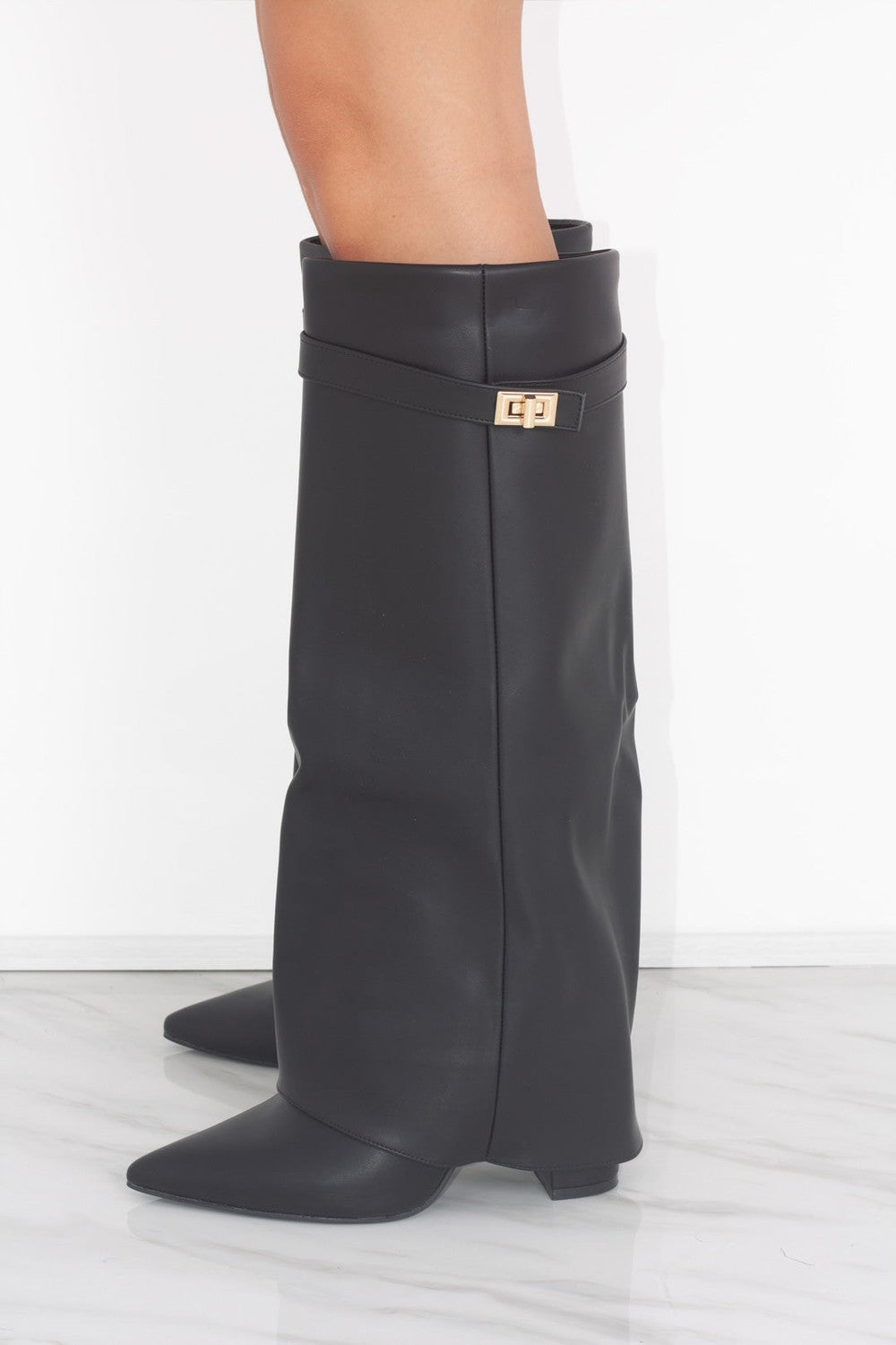 Women's Fold Over Knee High Boots Buckle Detail Night Out Cowboy Style - Lolly 