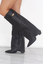 Women's Fold Over Knee High Boots Buckle Detail Night Out Cowboy Style - Lolly 