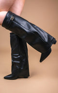Women's Fold Over Knee High Boots Buckle Detail Night Out Cowboy Style - Lolly 