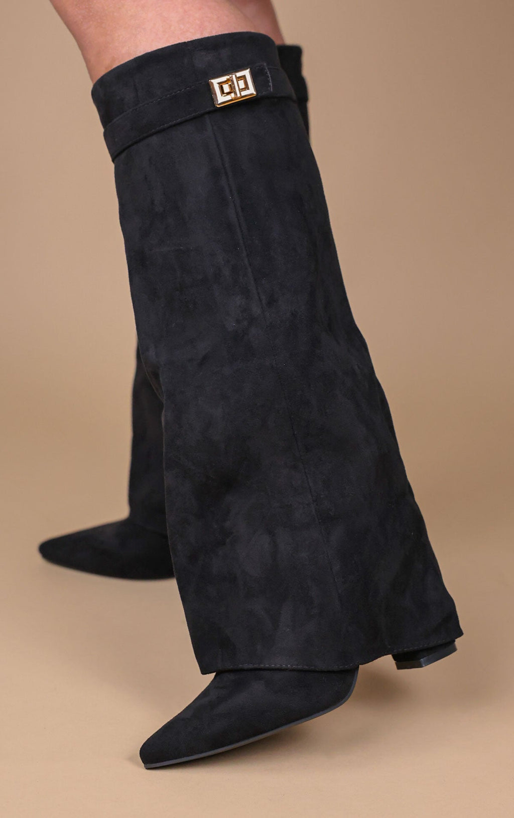 Women's Fold-Over Knee High Boots Faux Suede Buckle Night Out Going Out - Lolly 