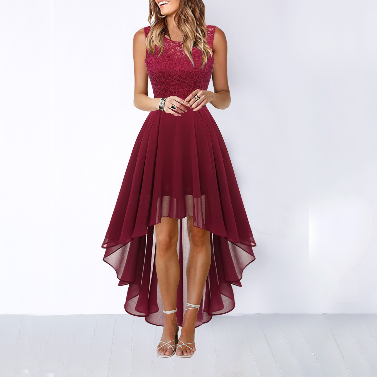 Women's Formal Dress Hi-Low Midi Wedding Guest Sleeveless Fluid Elegant Party Gown - Lolly 