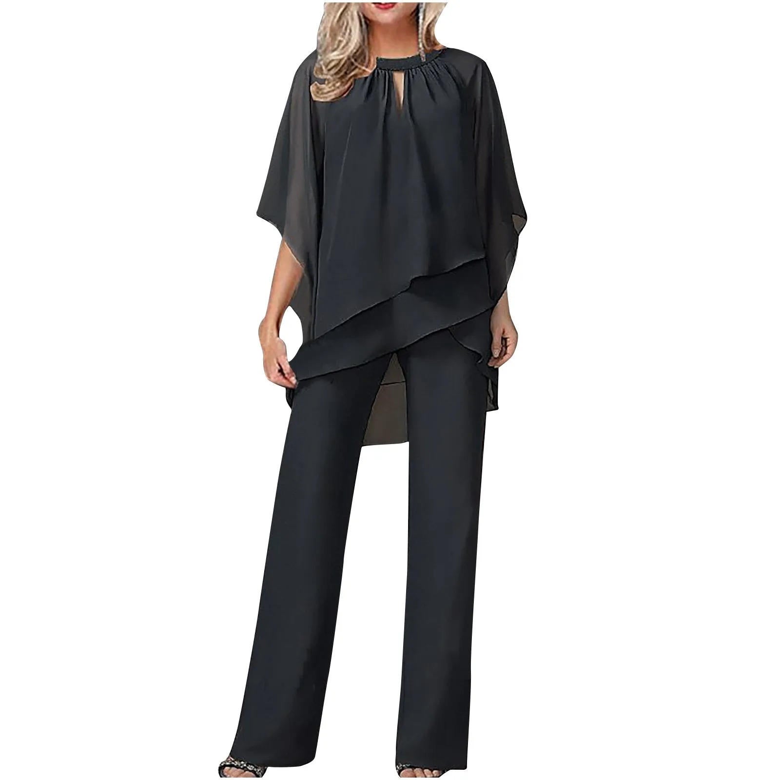 Women's Formal Festive Chiffon Pantsuit Elegant Wide-Leg Flowing Top & Pants Party Event Set - Lolly 