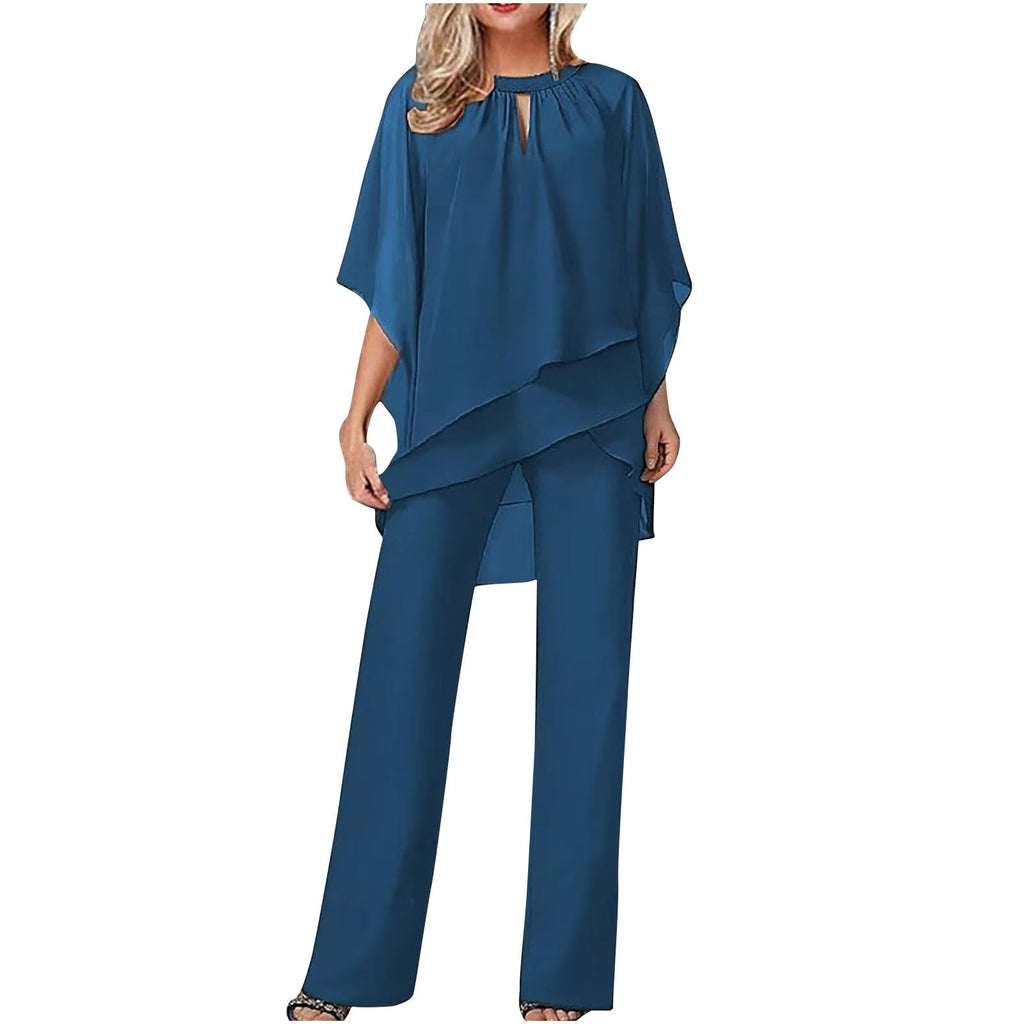Women's Formal Festive Chiffon Pantsuit Elegant Wide-Leg Flowing Top & Pants Party Event Set - Lolly 