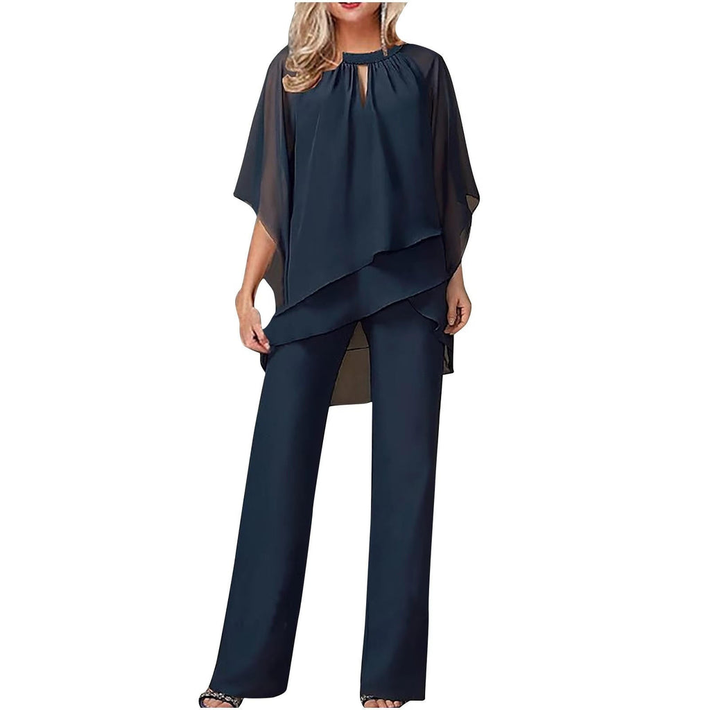 Women's Formal Festive Chiffon Pantsuit Elegant Wide-Leg Flowing Top & Pants Party Event Set - Lolly 