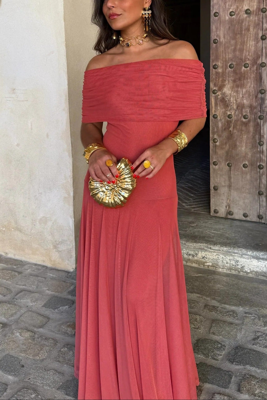 Women's Formal Wedding Guest Party Dress One-Shoulder Mesh Maxi Draped Bodice Romantic – Brittany - Lolly 