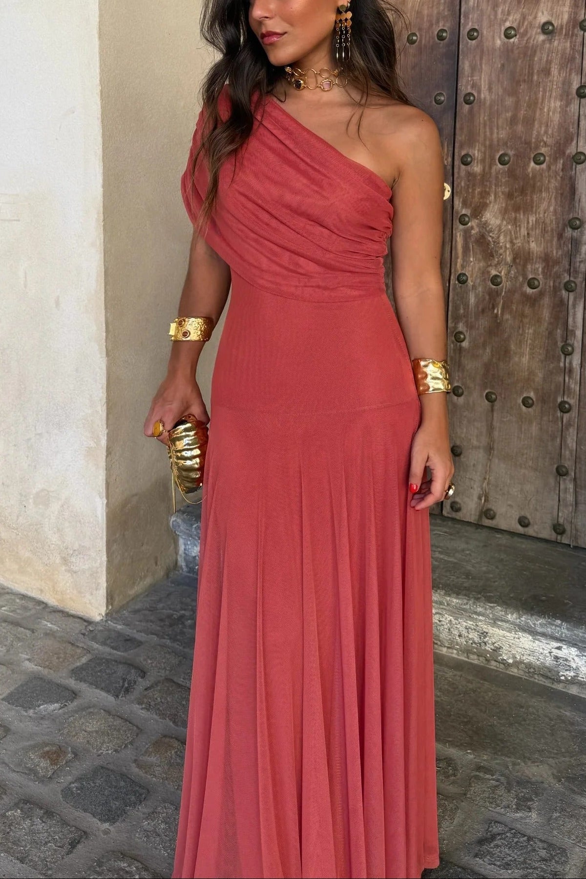 Women's Formal Wedding Guest Party Dress One-Shoulder Mesh Maxi Draped Bodice Romantic – Brittany - Lolly 