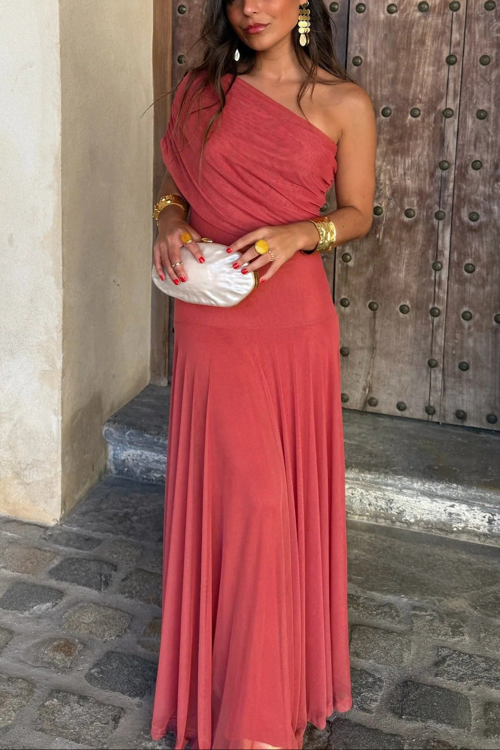 Women's Formal Wedding Guest Party Dress One-Shoulder Mesh Maxi Draped Bodice Romantic – Brittany - Lolly 
