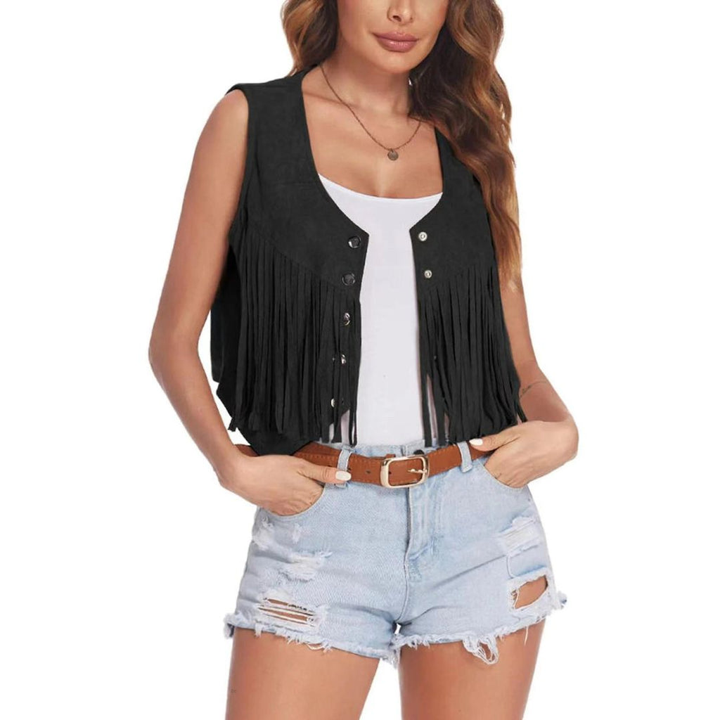 Women's Fringe Suede Vest Boho Western Country Festival Sleeveless Jacket - Lolly 