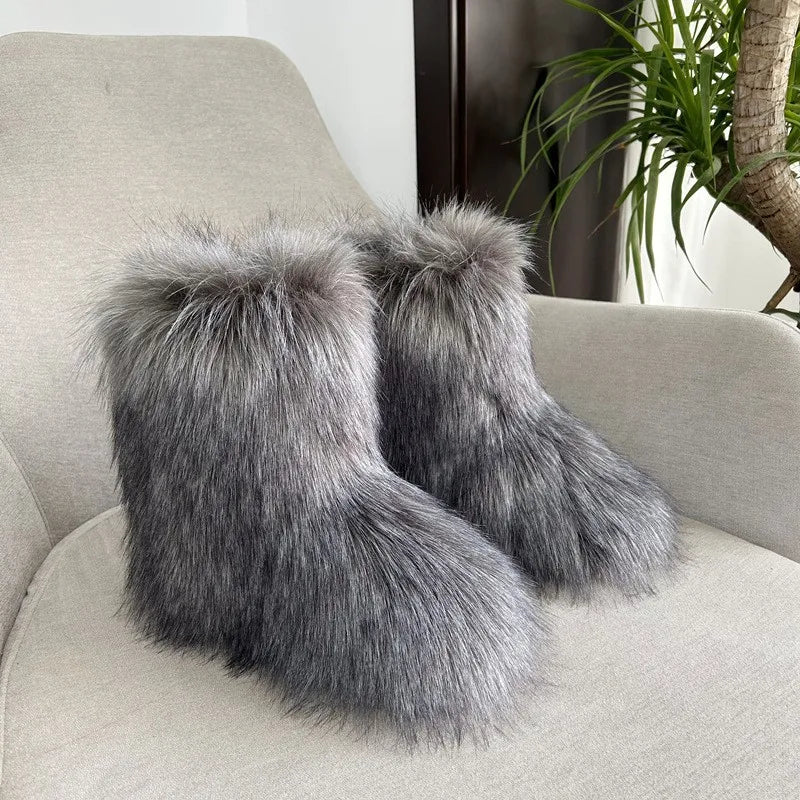 Women's Fur Boots – Fluffy Mid-Calf Slip-On - Lolly 