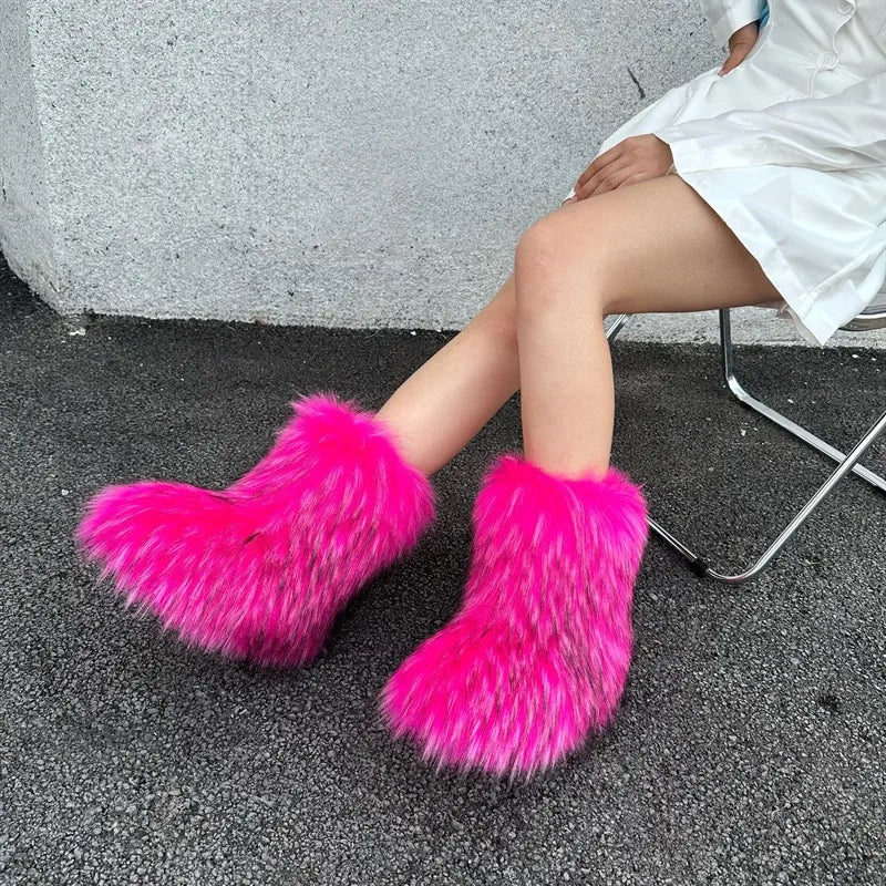 Women's Fur Boots – Fluffy Mid-Calf Slip-On - Lolly 