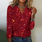 Women's Glitter Sequin Blouse Long Sleeve V-Neck Party Evening Top - Lolly 