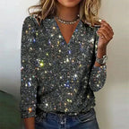 Women's Glitter Sequin Blouse Long Sleeve V-Neck Party Evening Top - Lolly 