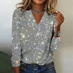 Women's Glitter Sequin Blouse Long Sleeve V-Neck Party Evening Top - Lolly 