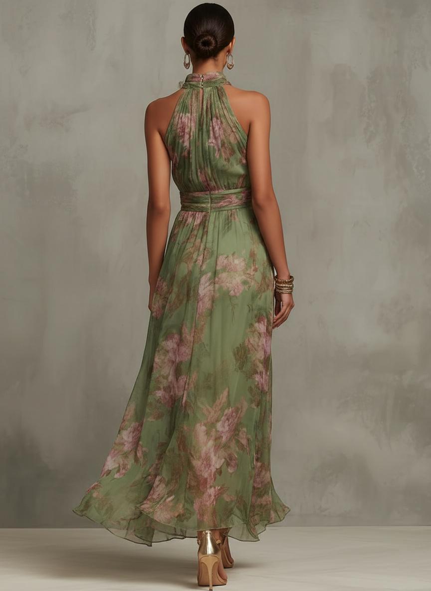 Women's Green Floral Chiffon Halter Neck Maxi Dress Sleeveless Open Back Flowing Formal Beach Vacation Wedding Guest Garden Party – Florence - Lolly 