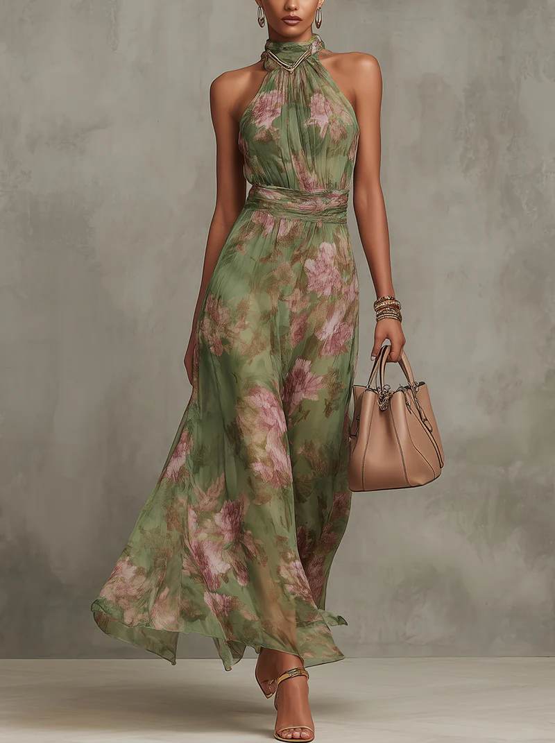 Women's Green Floral Chiffon Halter Neck Maxi Dress Sleeveless Open Back Flowing Formal Beach Vacation Wedding Guest Garden Party – Florence - Lolly 