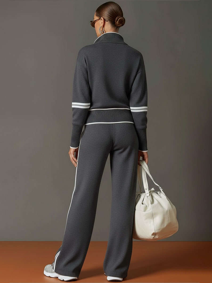 Women's Half-Zip Sweatshirt Wide-Leg Pants Set Sporty Athleisure Tracksuit Casual Two-Piece Outfit - Lolly 