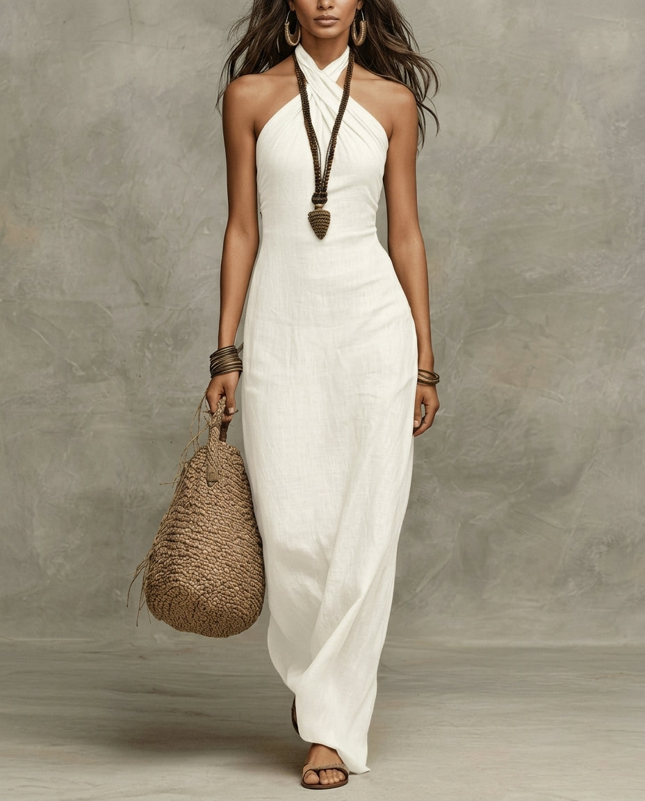 Women's Halter Maxi Dress – Crossover Neckline, Sleeveless Floor-Length - Lolly 