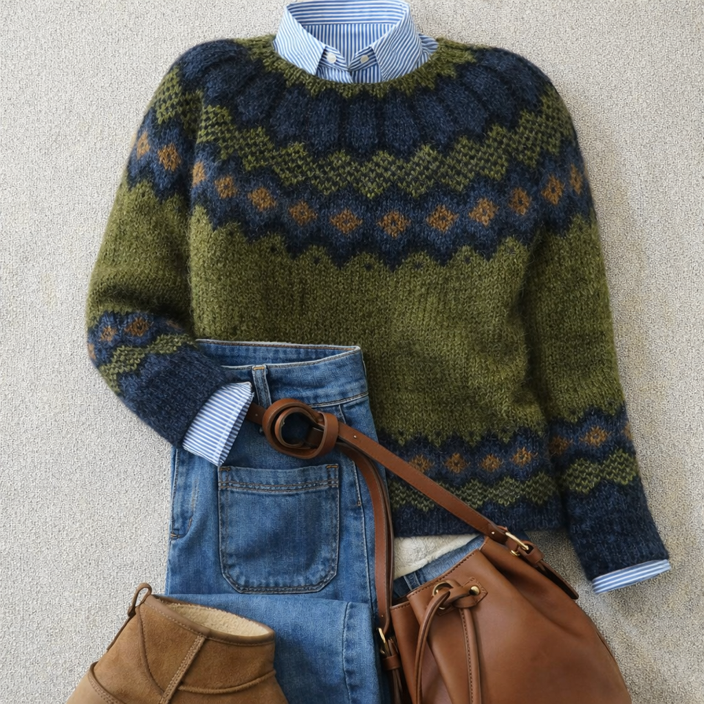 Women's Heritage Nordic Fair Isle Knit Sweater Relaxed Fit Round Neck Ribbed Cuffs Casual Winter Work Weekend Everyday Cozy – Astrid - Lolly 