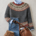 Women's Heritage Nordic Yoke Knit Sweater Relaxed Fit Round Neck Fair Isle Pattern Casual Winter Work Weekend Everyday Cozy – Lauren - Lolly 