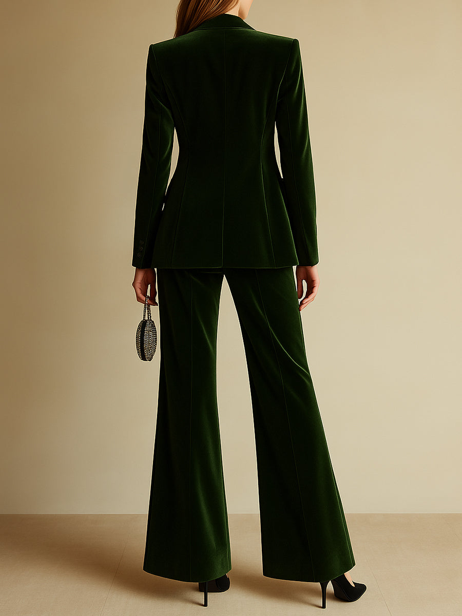 Women's High-End Velvet Two-Piece Suit Notched Lapel Blazer Wide-Leg Pants Retro Elegant – Green - Lolly 