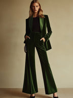 Women's High-End Velvet Two-Piece Suit Notched Lapel Blazer Wide-Leg Pants Retro Elegant – Green - Lolly 