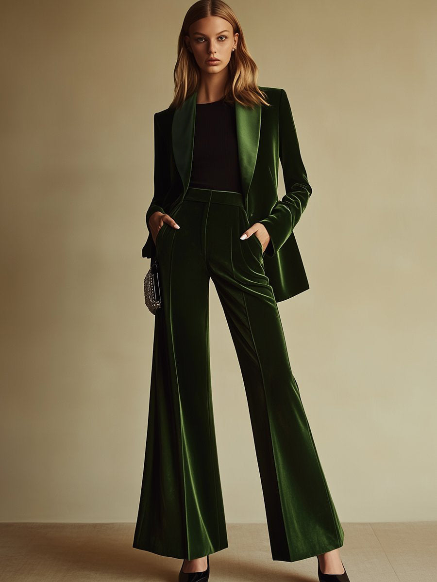 Women's High-End Velvet Two-Piece Suit Notched Lapel Blazer Wide-Leg Pants Retro Elegant – Green - Lolly 