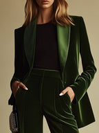 Women's High-End Velvet Two-Piece Suit Notched Lapel Blazer Wide-Leg Pants Retro Elegant – Green - Lolly 