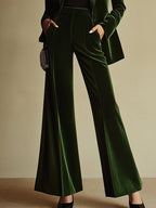 Women's High-End Velvet Two-Piece Suit Notched Lapel Blazer Wide-Leg Pants Retro Elegant – Green - Lolly 