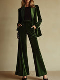 Women's High-End Velvet Two-Piece Suit Notched Lapel Blazer Wide-Leg Pants Retro Elegant – Green - Lolly 