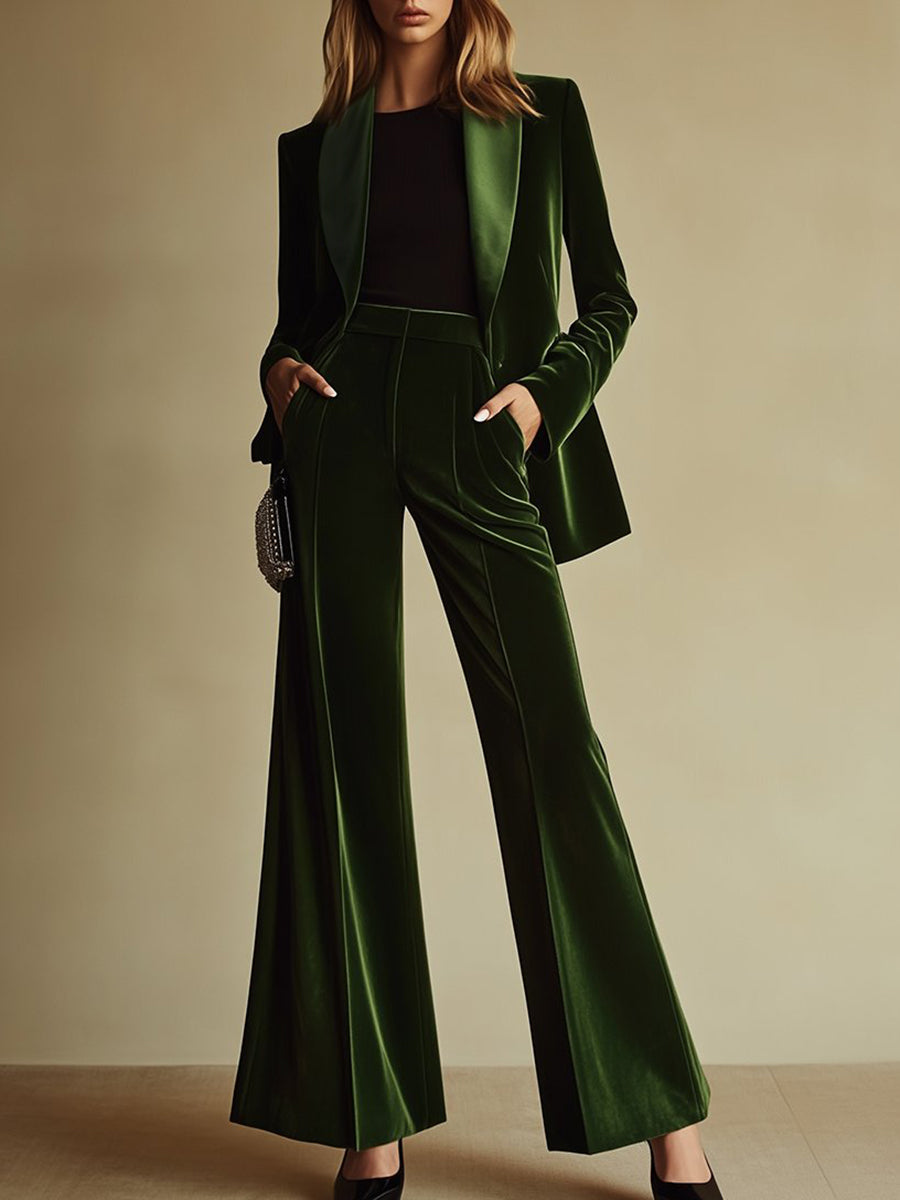 Women's High-End Velvet Two-Piece Suit Notched Lapel Blazer Wide-Leg Pants Retro Elegant – Green - Lolly 