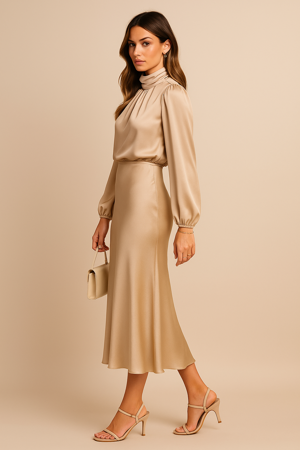 Women's High Neck Long Sleeve Midi Dress High Waist Flared Satin Formal Elegant Work Office Evening Wedding Guest Cocktail Party – Seraphine - Lolly 