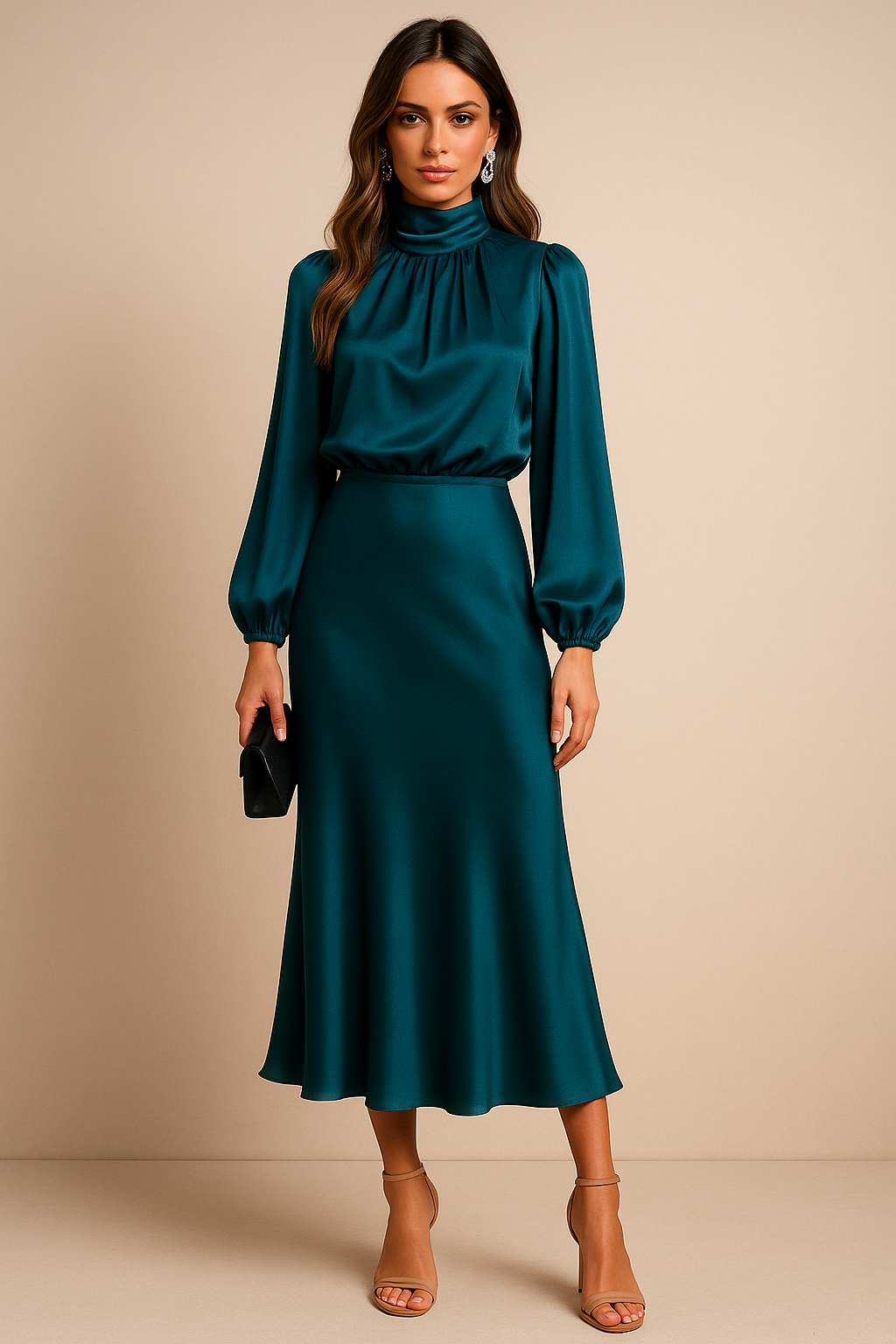 Women's High Neck Long Sleeve Midi Dress High Waist Flared Satin Formal Elegant Work Office Evening Wedding Guest Cocktail Party – Seraphine - Lolly 