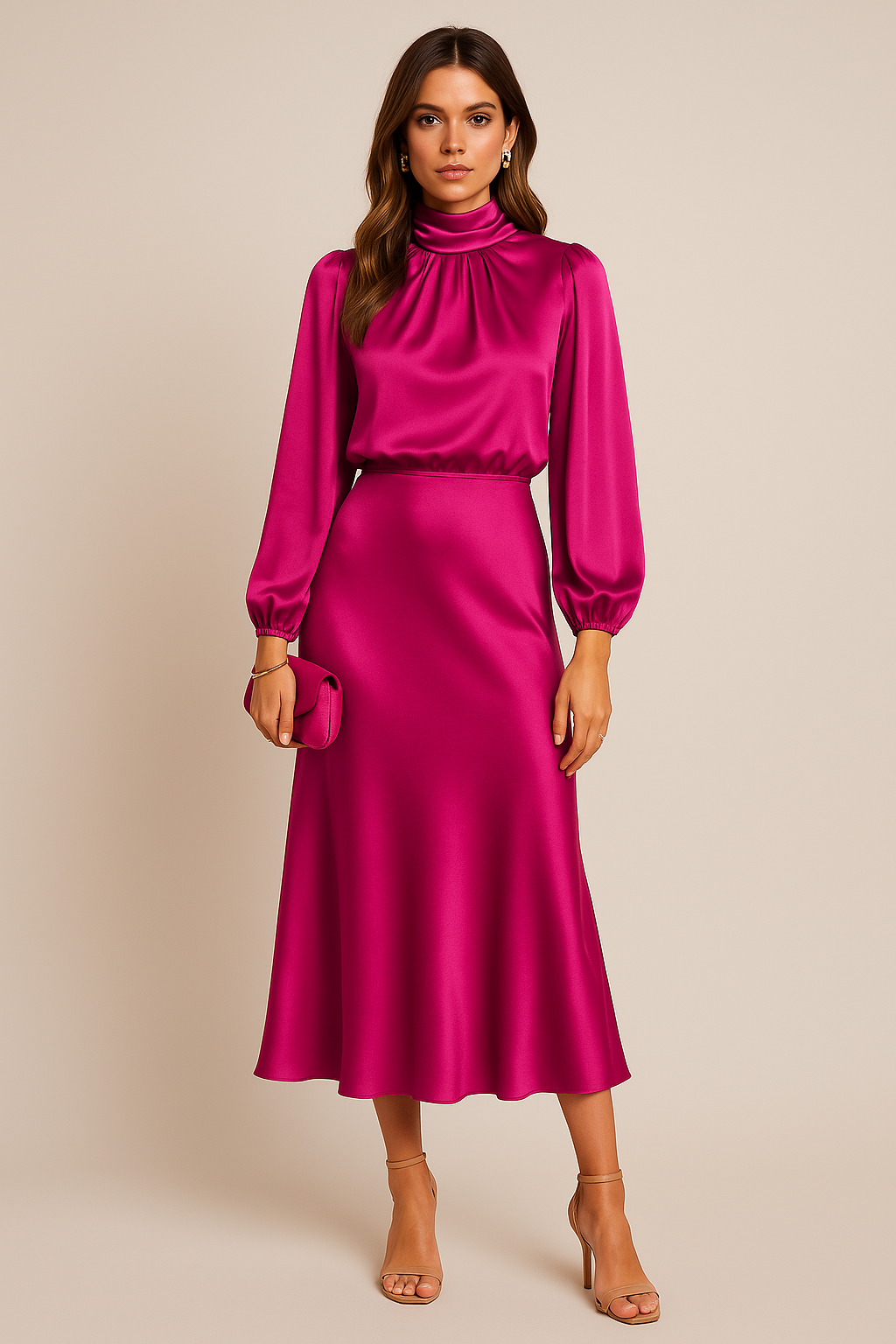 Women's High Neck Long Sleeve Midi Dress High Waist Flared Satin Formal Elegant Work Office Evening Wedding Guest Cocktail Party – Seraphine - Lolly 