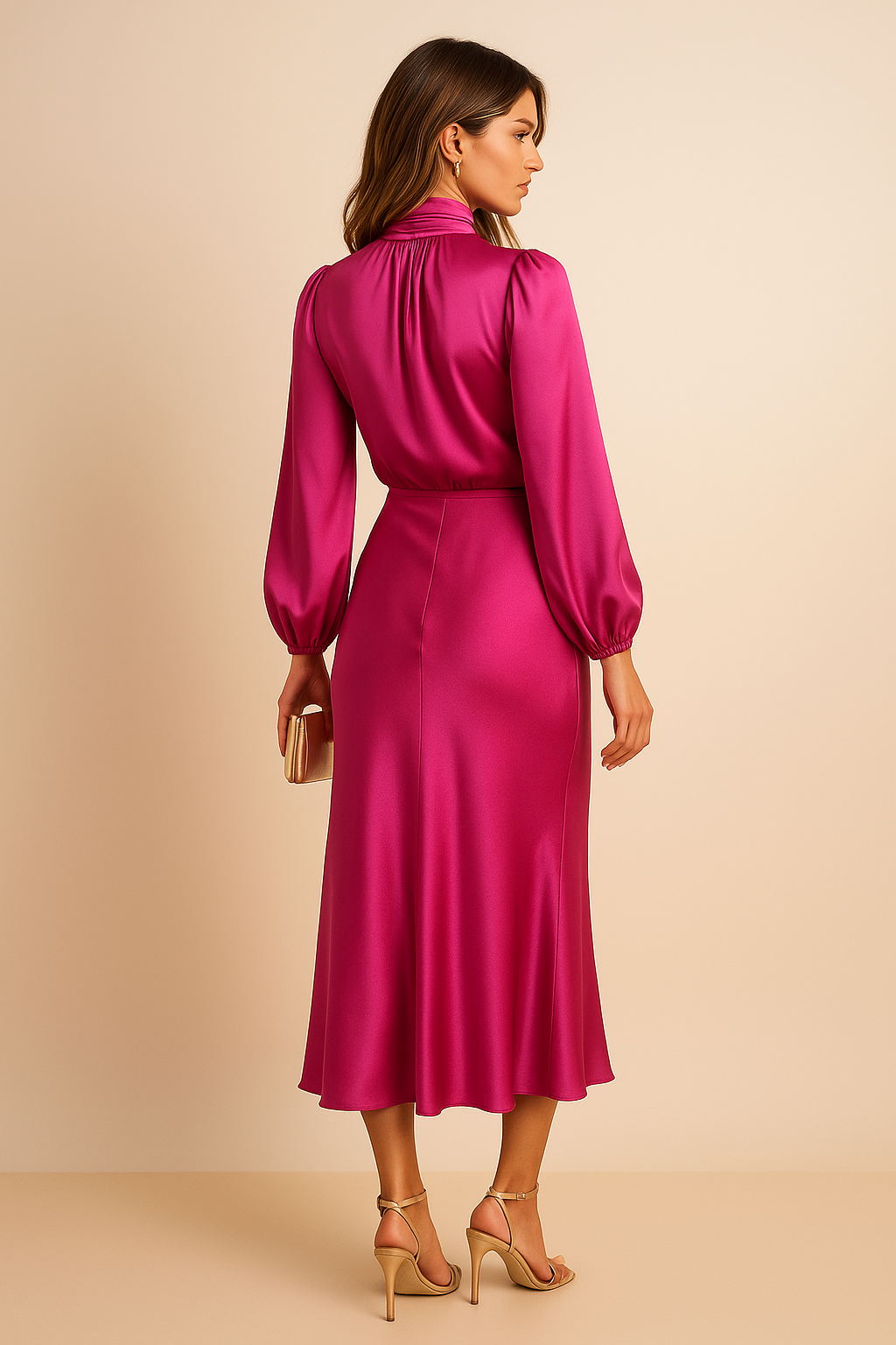 Women's High Neck Long Sleeve Midi Dress High Waist Flared Satin Formal Elegant Work Office Evening Wedding Guest Cocktail Party – Seraphine - Lolly 