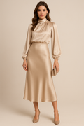 Women's High Neck Long Sleeve Midi Dress High Waist Flared Satin Formal Elegant Work Office Evening Wedding Guest Cocktail Party – Seraphine - Lolly 